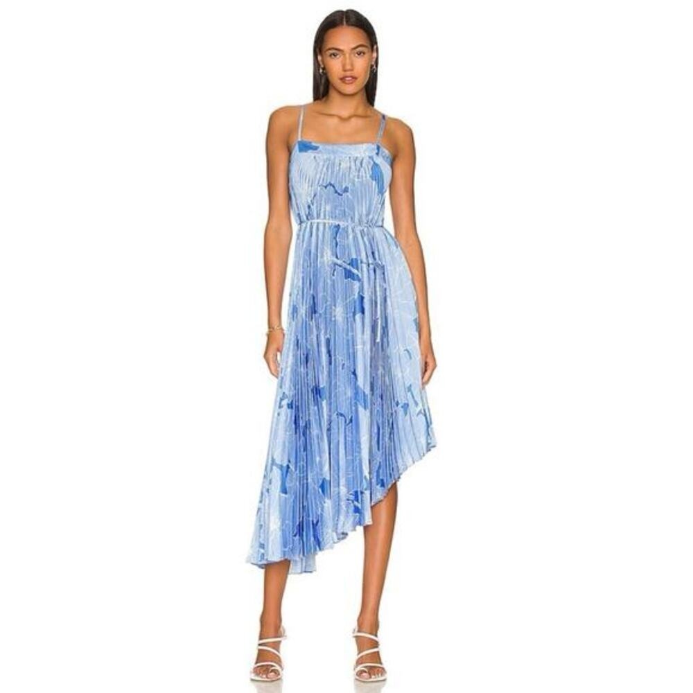 Milly Irene Waterlily Print Pale Blue Pleated Asymmetric Midi Dress